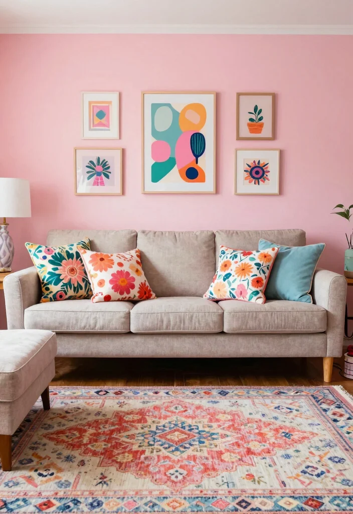 15 Pink Living Room Walls Ideas: Soft Bold Personality - 14. Mixed Patterns 1