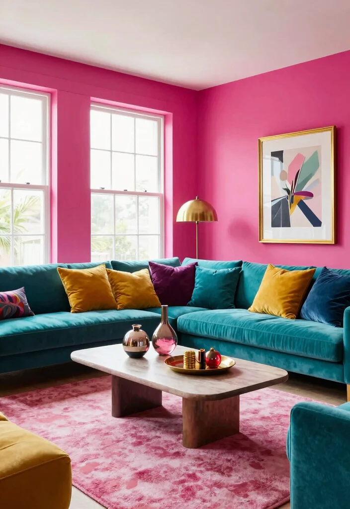 15 Pink Living Room Walls Ideas: Soft Bold Personality - 2. Bold Fuchsia Statement 1