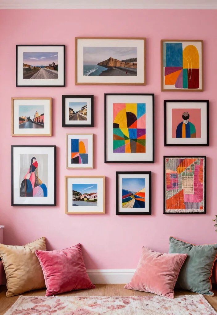 15 Pink Living Room Walls Ideas: Soft Bold Personality - 4. Eclectic Gallery Wall 1