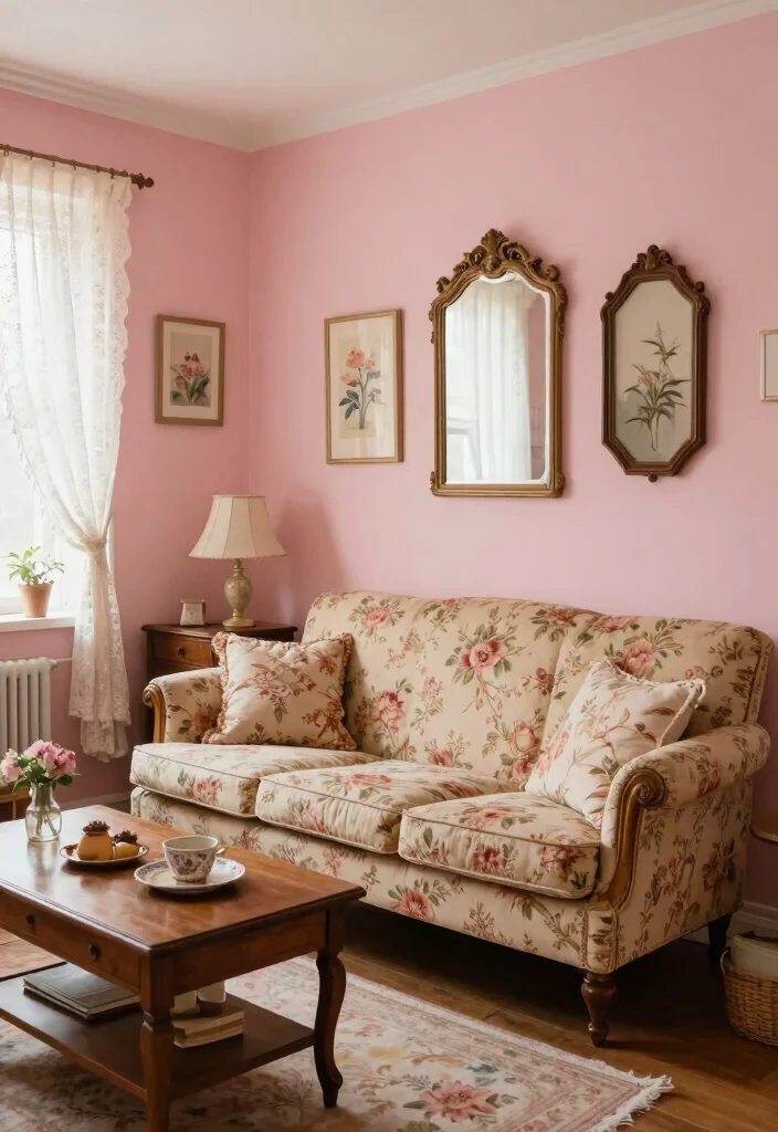 15 Pink Living Room Walls Ideas: Soft Bold Personality - 8. Vintage Charm 1