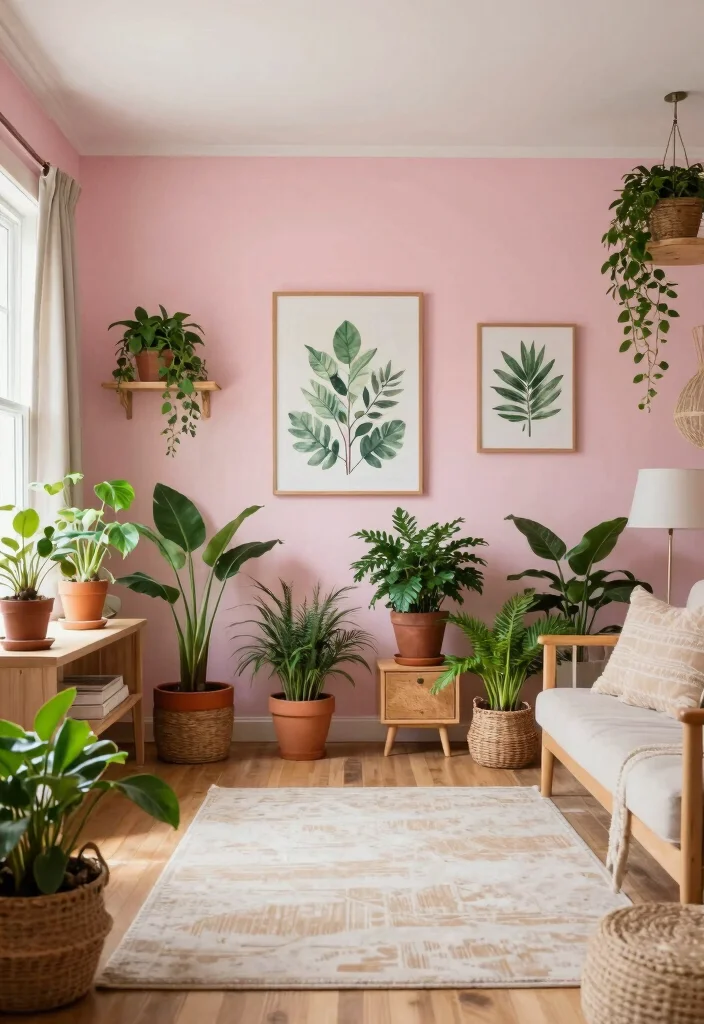 15 Pink Living Room Walls Ideas: Soft Bold Personality - 9. Nature-Inspired Decor 1