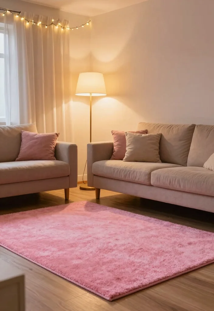 15 Pink Rug Living Room Ideas: Soft Playful Touch - 10. Soft Lighting Solutions 1