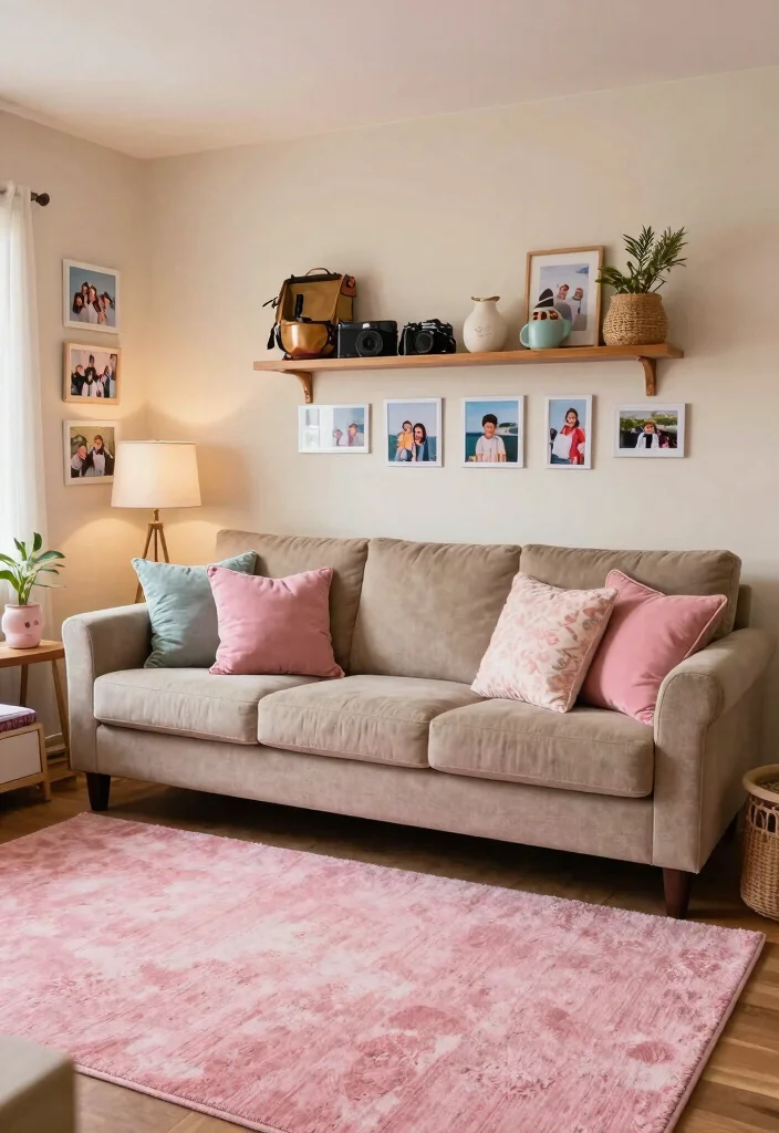 15 Pink Rug Living Room Ideas: Soft Playful Touch - 12. Personalized Decor Touches 1