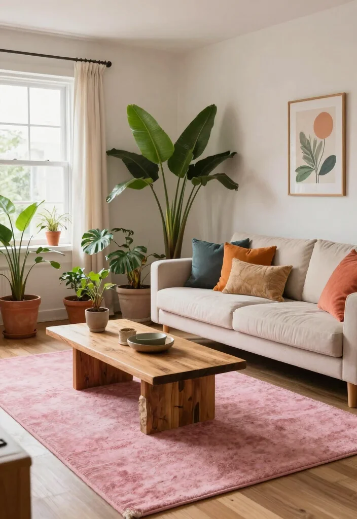 15 Pink Rug Living Room Ideas: Soft Playful Touch - 13. Incorporating Natural Elements 1