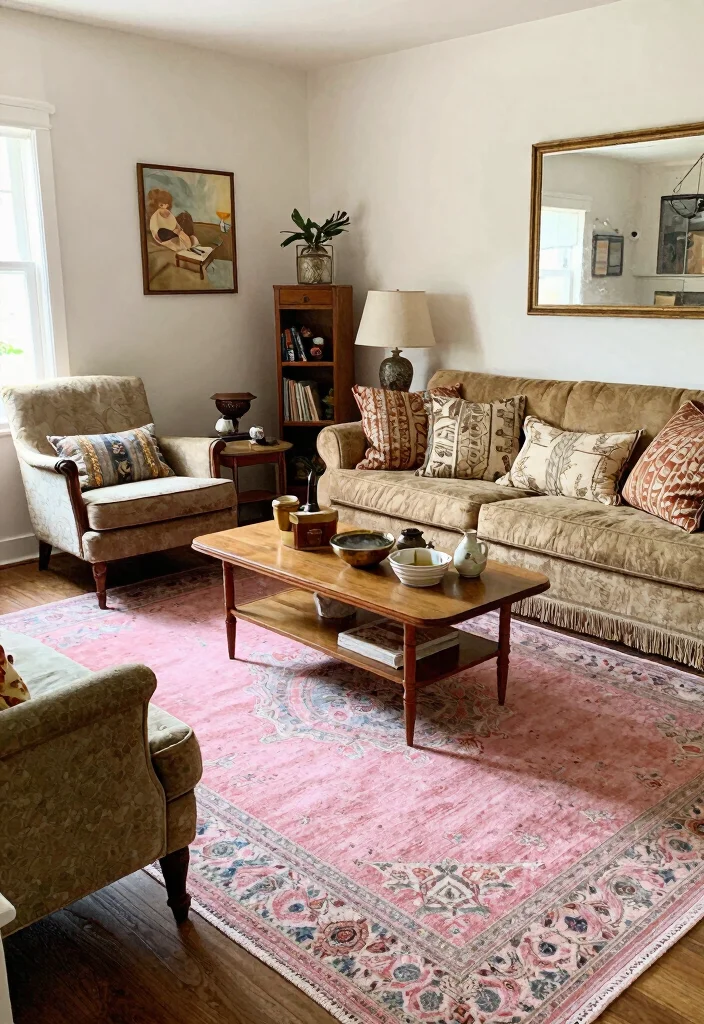 15 Pink Rug Living Room Ideas: Soft Playful Touch - 14. Vintage Finds 1