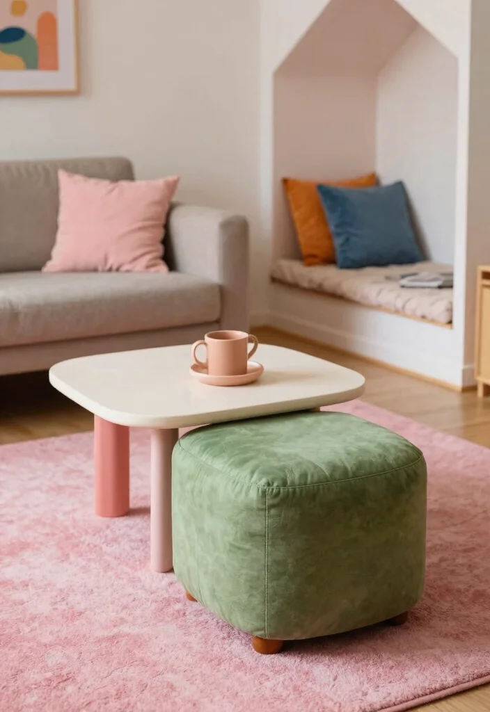 15 Pink Rug Living Room Ideas: Soft Playful Touch - 15. Fun and Functional Elements 1