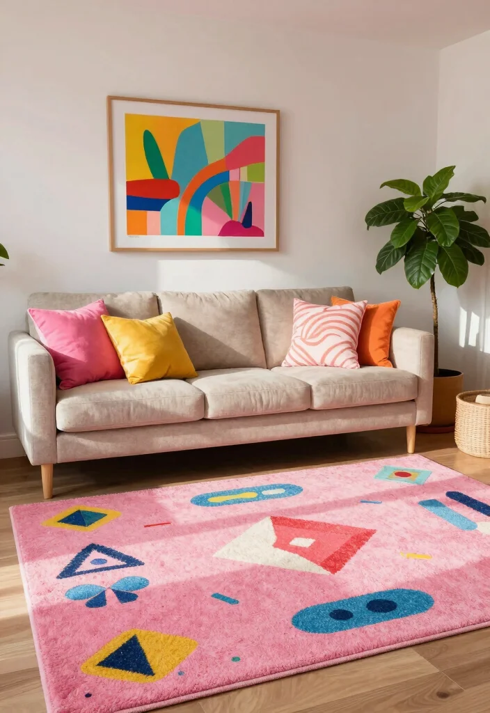 15 Pink Rug Living Room Ideas: Soft Playful Touch - 2. Playful Patterns 1