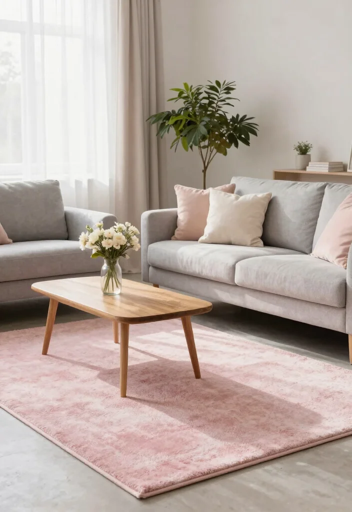 15 Pink Rug Living Room Ideas: Soft Playful Touch - 3. Soft and Subtle Shades 1