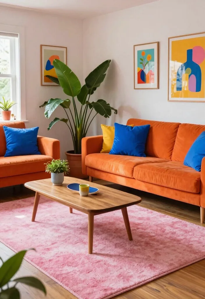 15 Pink Rug Living Room Ideas: Soft Playful Touch - 4. Combining Pink with Bold Colors 1