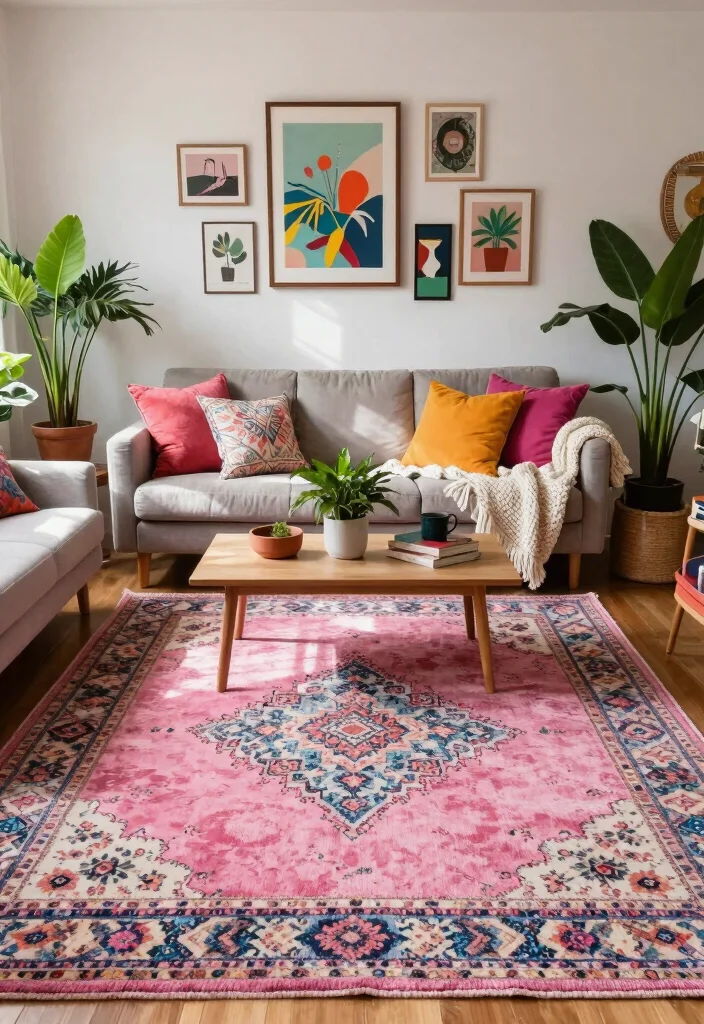15 Pink Rug Living Room Ideas: Soft Playful Touch - 6. Bohemian Vibes with Pink 1