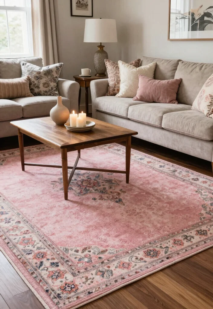 15 Pink Rug Living Room Ideas: Soft Playful Touch - 8. Artful Layering 1