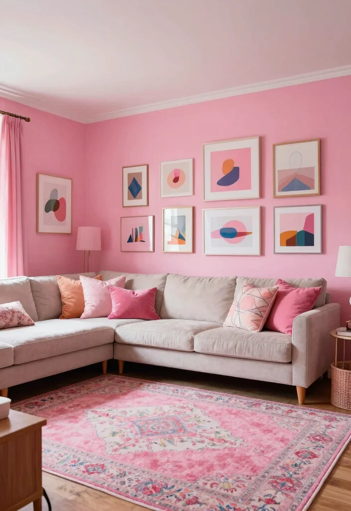 15 Pink Rug Living Room Ideas: Soft Playful Touch - 9. Accent Walls and Decor 1