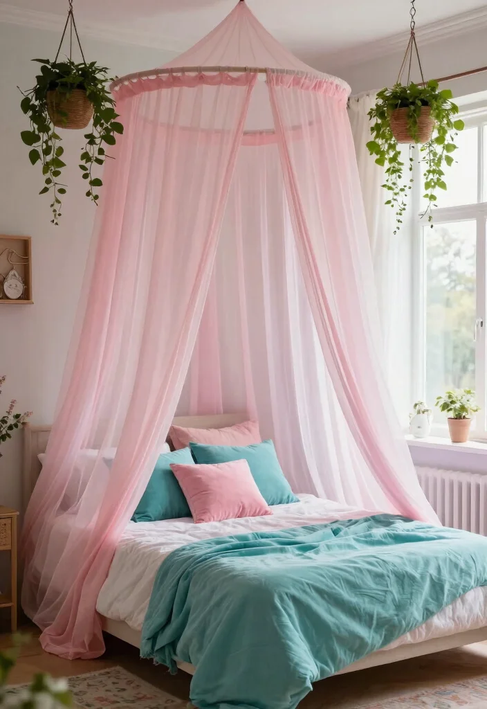 15 Pink and Turquoise Bedroom Ideas: Playful Fresh Contrast - 13. Boho Canopy Bed 1