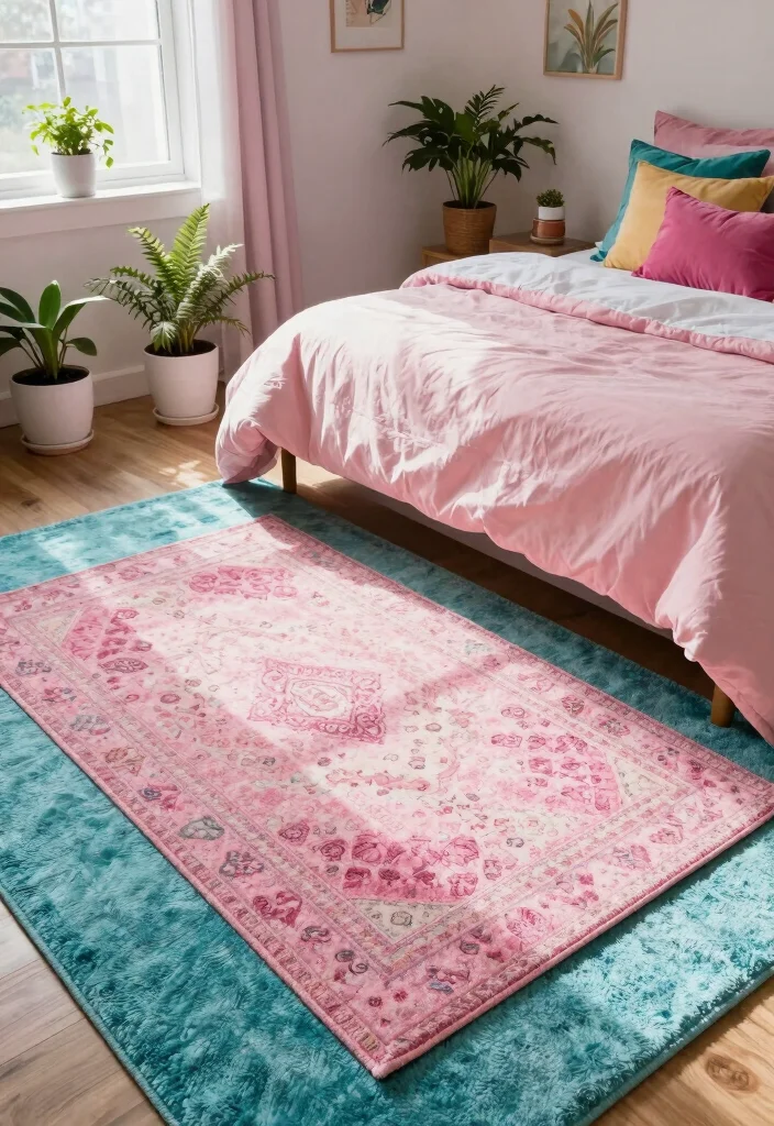 15 Pink and Turquoise Bedroom Ideas: Playful Fresh Contrast - 4. Textured Rugs 1
