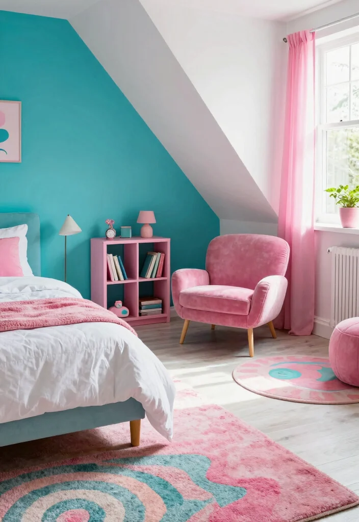 15 Pink and Turquoise Bedroom Ideas: Playful Fresh Contrast - 8. Playful Furniture Arrangements 1