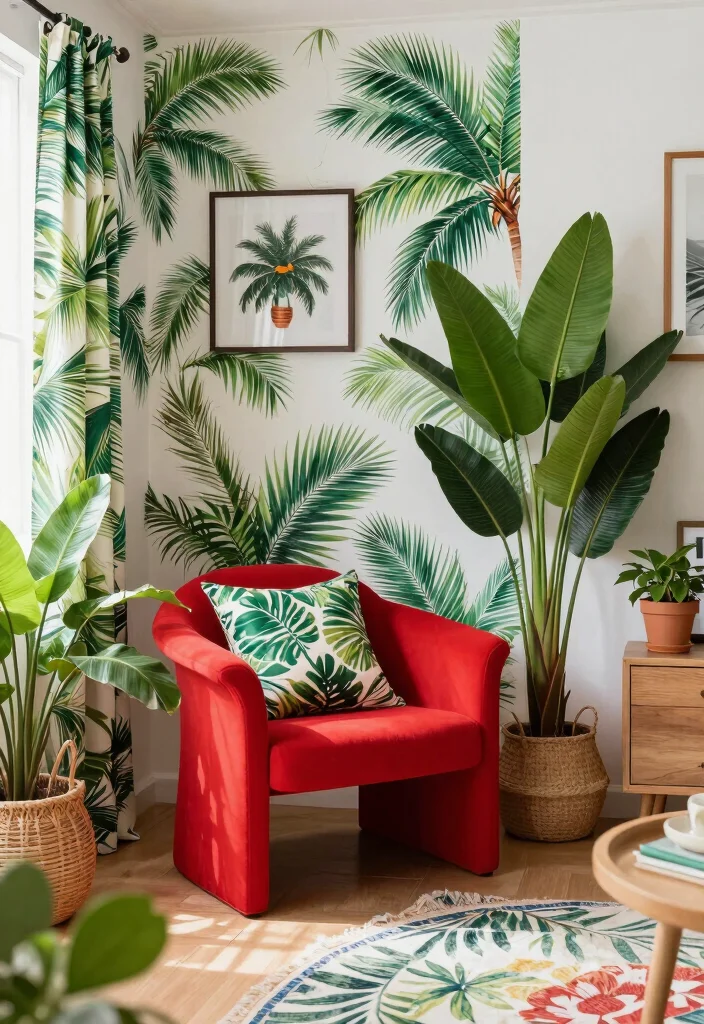 15 Red Chairs Living Room Decor Ideas for Statement Seating - 11. Tropical Escape 1