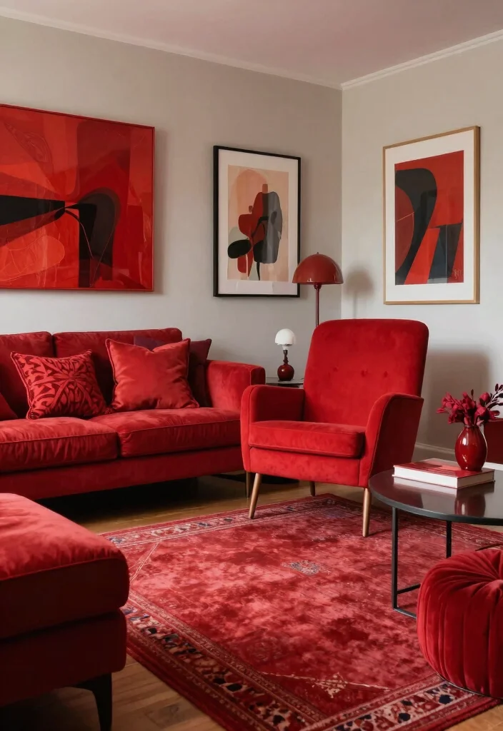 15 Red Chairs Living Room Decor Ideas for Statement Seating - 12. Monochromatic Magic 1