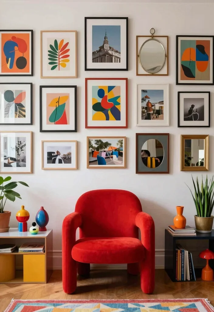 15 Red Chairs Living Room Decor Ideas for Statement Seating - 4. Eclectic Gallery Wall 1