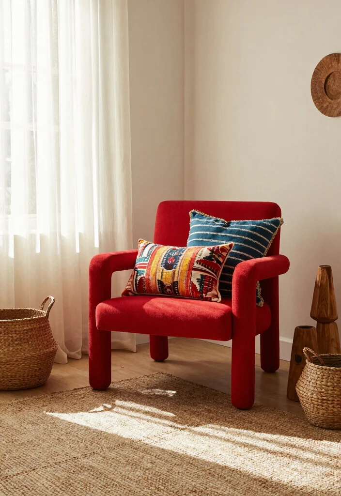 15 Red Chairs Living Room Decor Ideas for Statement Seating - 5. Contemporary Bohemian 1