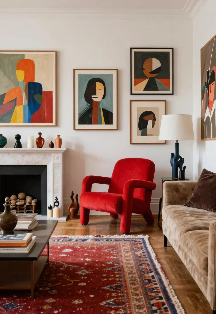 15 Red Chairs Living Room Decor Ideas for Statement Seating - 9. Artistic Fusion 1