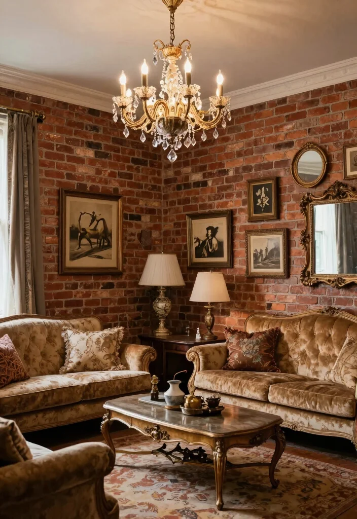 16 Brick Accent Wall Living Room Ideas: Rustic Modern Texture - 12. Vintage Glamour 1