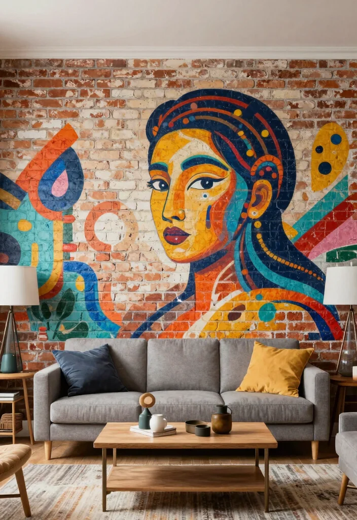 16 Brick Accent Wall Living Room Ideas: Rustic Modern Texture - 13. Artistic Expression 1