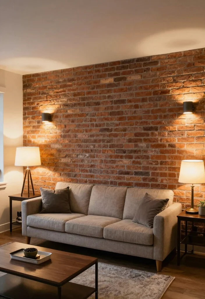 16 Brick Accent Wall Living Room Ideas: Rustic Modern Texture - 14. Layered Lighting 1