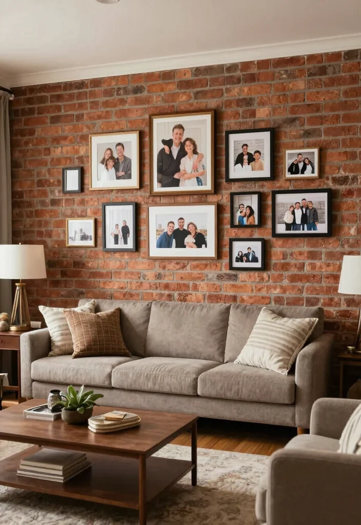 16 Brick Accent Wall Living Room Ideas: Rustic Modern Texture - 16. Personal Touches 1