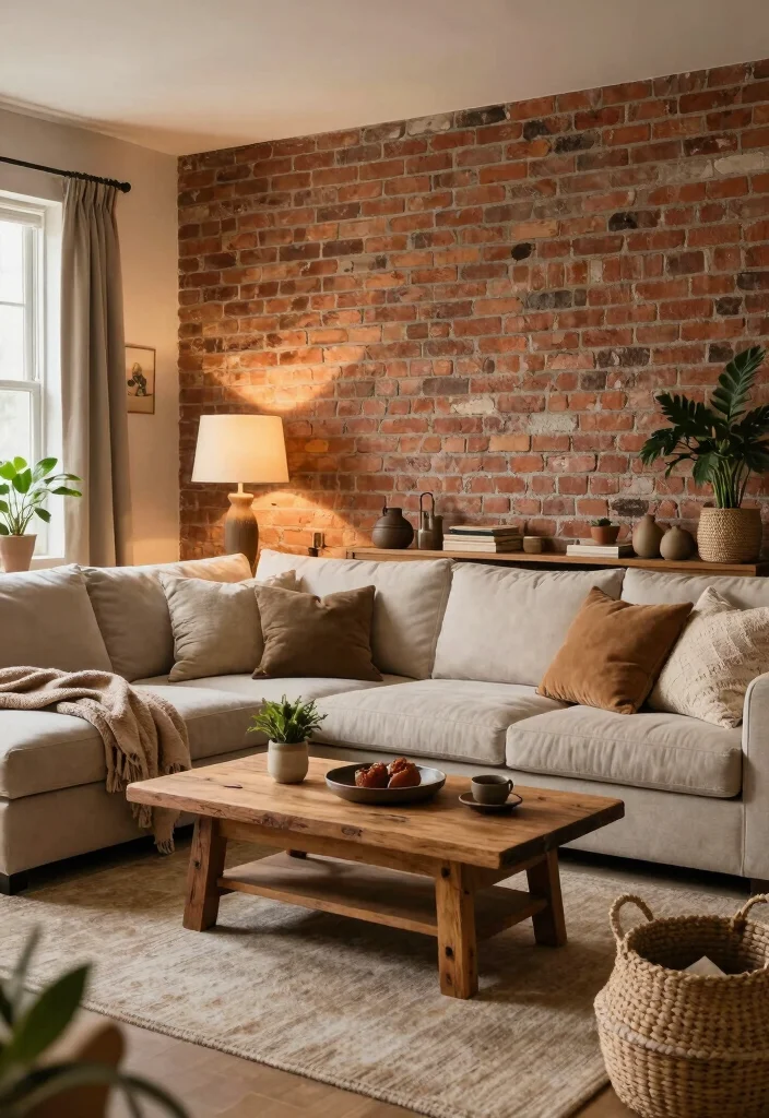 16 Brick Accent Wall Living Room Ideas: Rustic Modern Texture - 2. Cozy Rustic Retreat 1