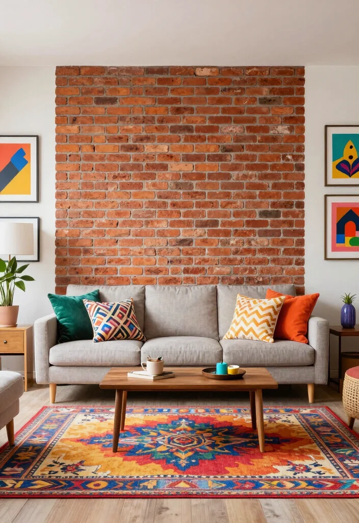 16 Brick Accent Wall Living Room Ideas: Rustic Modern Texture - 9. Vibrant Color Contrast 1