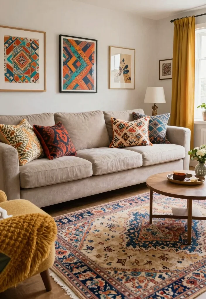 16 Cozy Sofa Living Room Ideas: Soft Inviting Comfort - 11. Play with Patterns for Eclectic Vibes 1