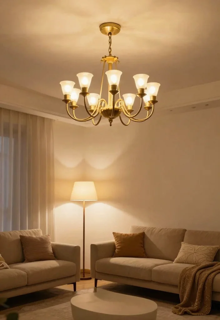 16 Cozy Sofa Living Room Ideas: Soft Inviting Comfort - 6. Statement Lighting for Ambiance 1