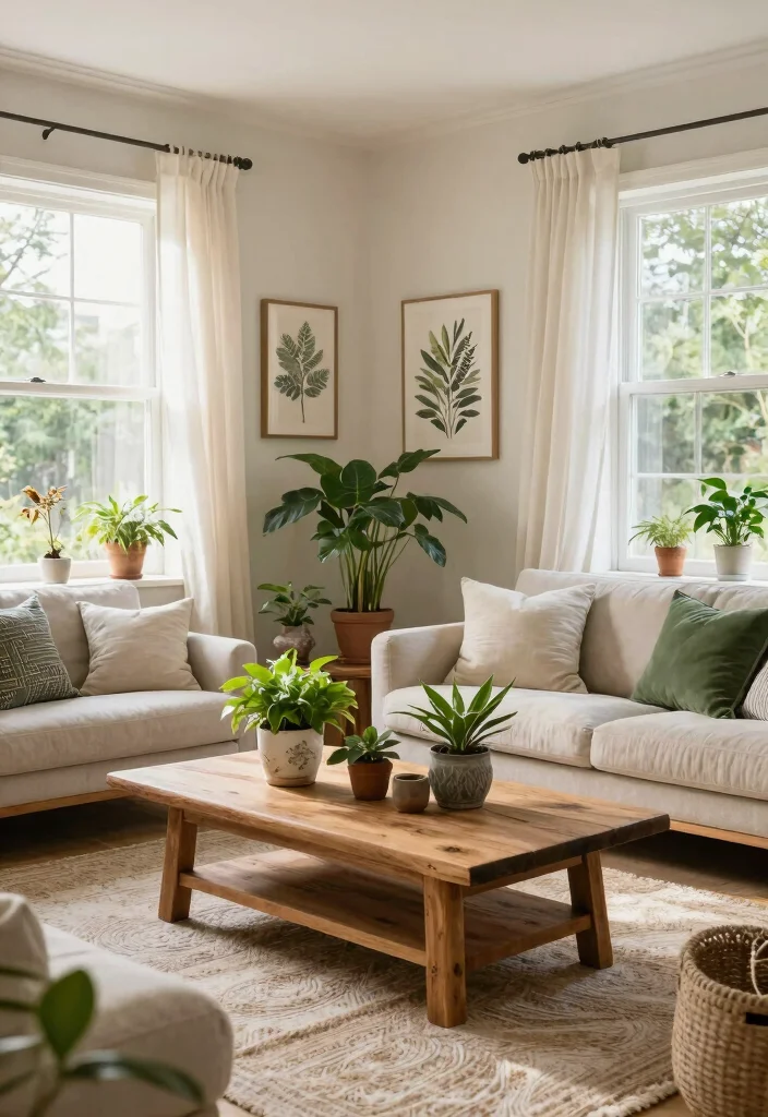 16 Cozy Sofa Living Room Ideas: Soft Inviting Comfort - 7. Incorporate Natural Elements for Freshness 1