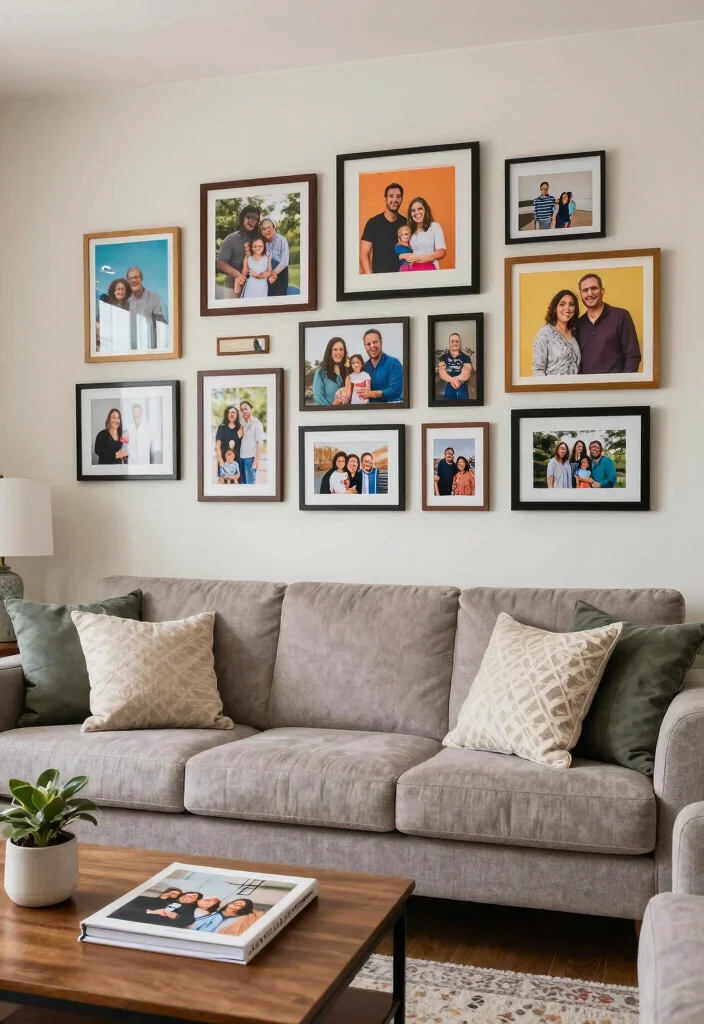 16 Cozy Sofa Living Room Ideas: Soft Inviting Comfort - 9. Personal Touch with Family Photos 1