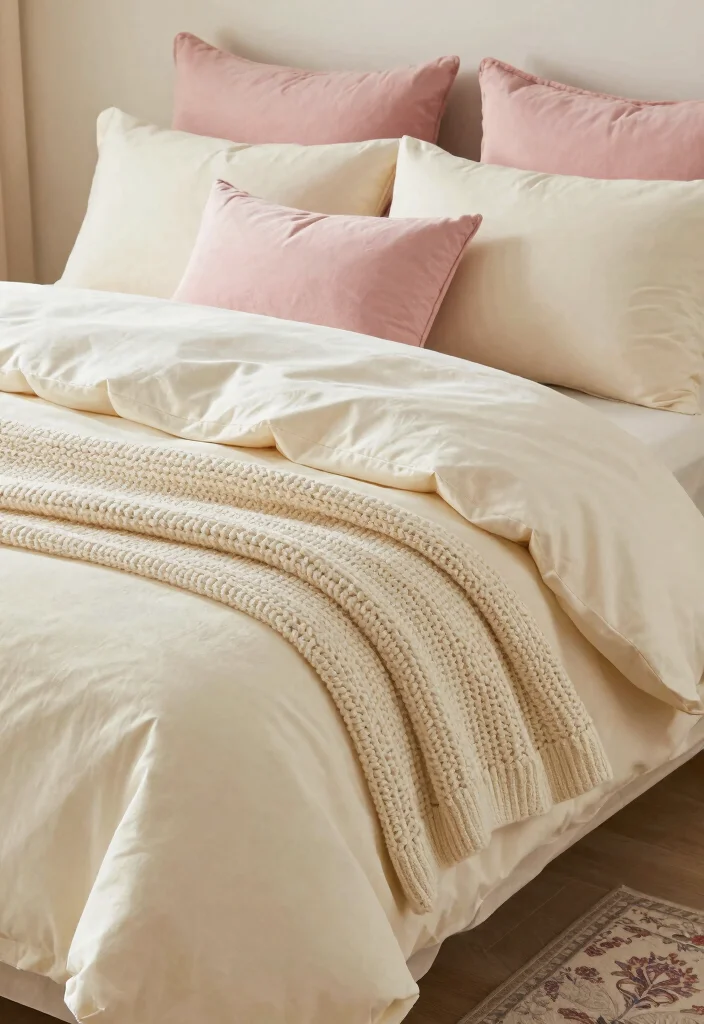 16 Cream and Pink Bedroom Ideas: Soft Elegant Charm - 1. Cozy Cream Bedding with Pink Accents 1