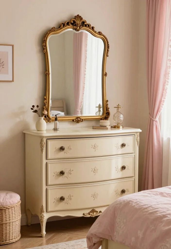 16 Cream and Pink Bedroom Ideas: Soft Elegant Charm - 10. Vintage Elements 1