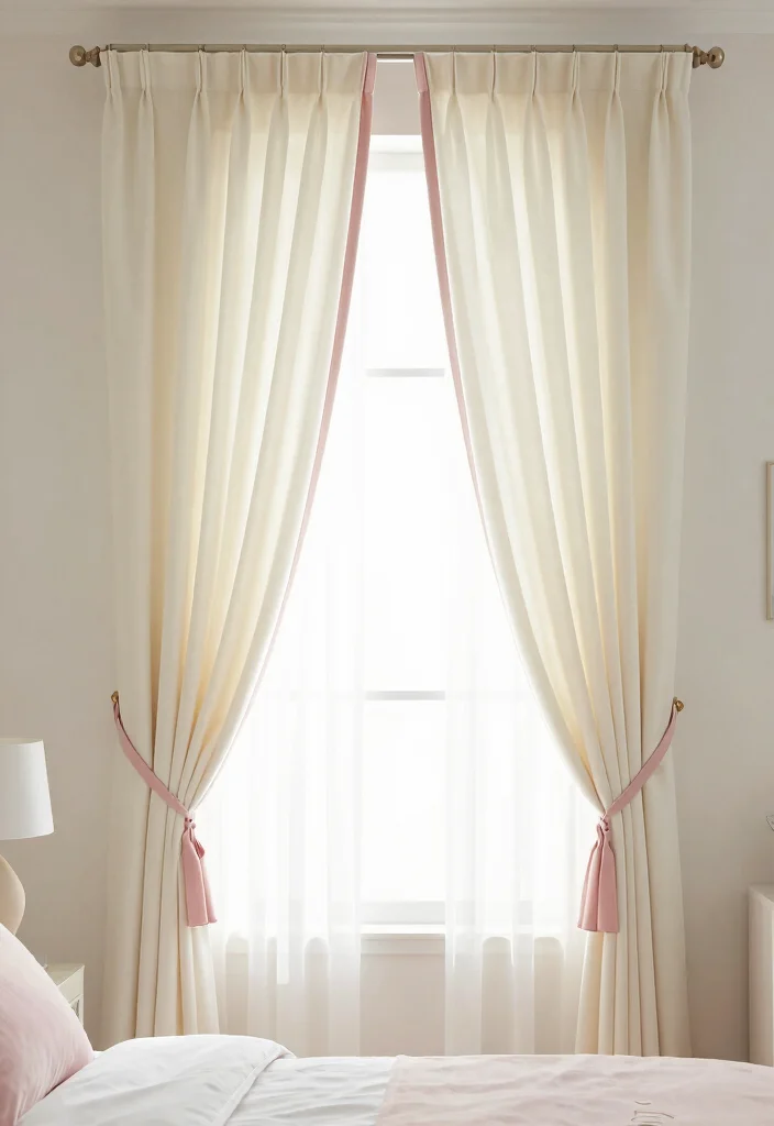 16 Cream and Pink Bedroom Ideas: Soft Elegant Charm - 9. Cream Curtains with Pink Tiebacks 1