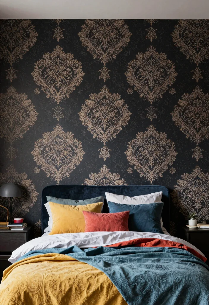 16 Dark Accent Wall Bedroom Ideas Dramatic Modern Focus - 16. Whimsical Patterned Dark Walls 1