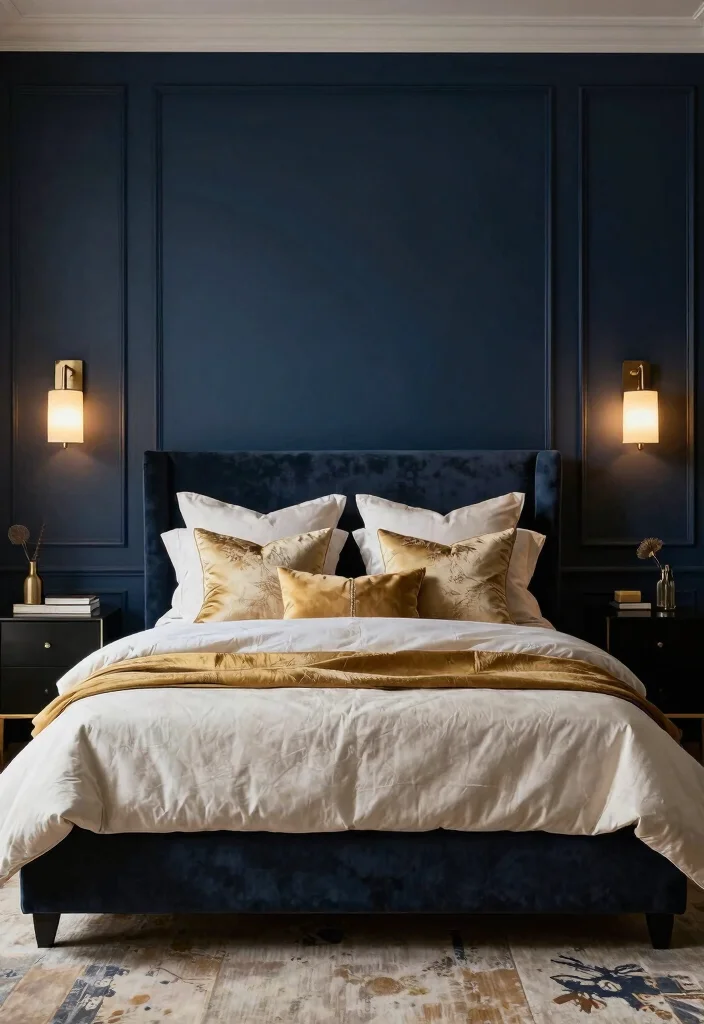 16 Dark Accent Wall Bedroom Ideas Dramatic Modern Focus - 2. Glamorous Dark Blue 1