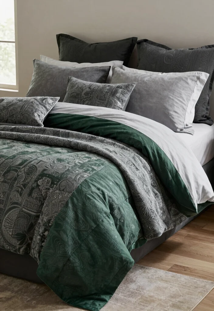 16 Dark Green and Grey Bedroom Ideas: Moody Modern Balance - 13. Beautiful Bedding Choices 1