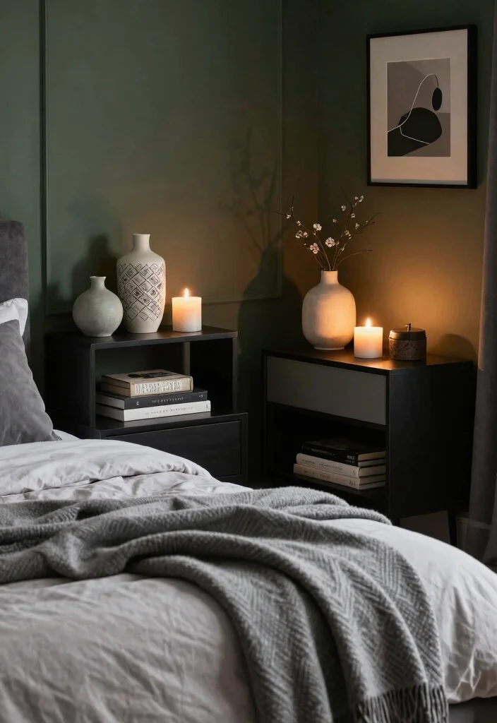 16 Dark Green and Grey Bedroom Ideas: Moody Modern Balance - 16. Final Touches 1