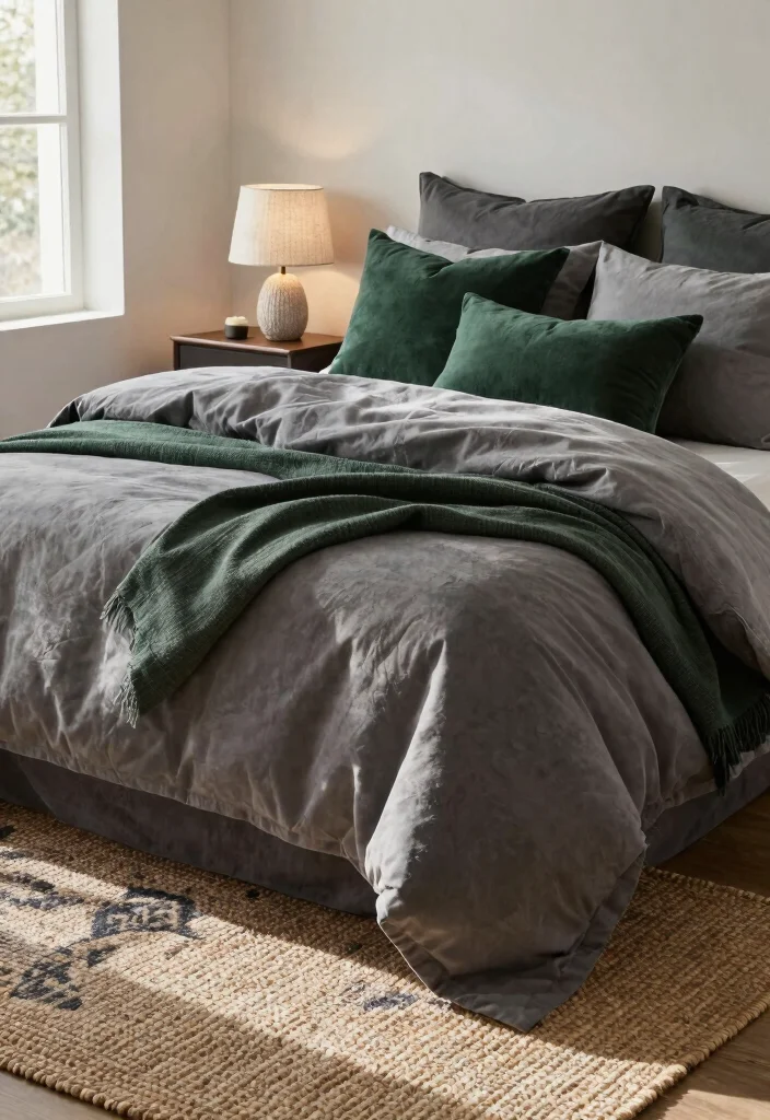 16 Dark Green and Grey Bedroom Ideas: Moody Modern Balance - 2. Textured Layering 1