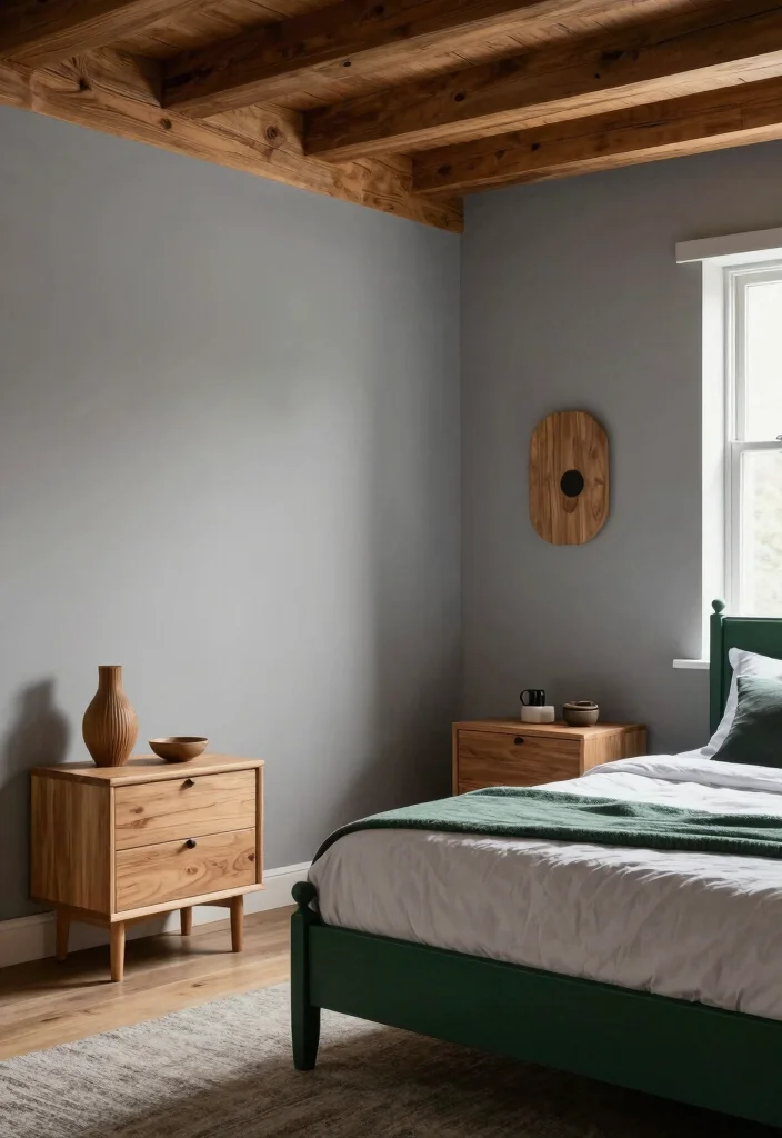 16 Dark Green and Grey Bedroom Ideas: Moody Modern Balance - 5. Mixing Wood Tones 1