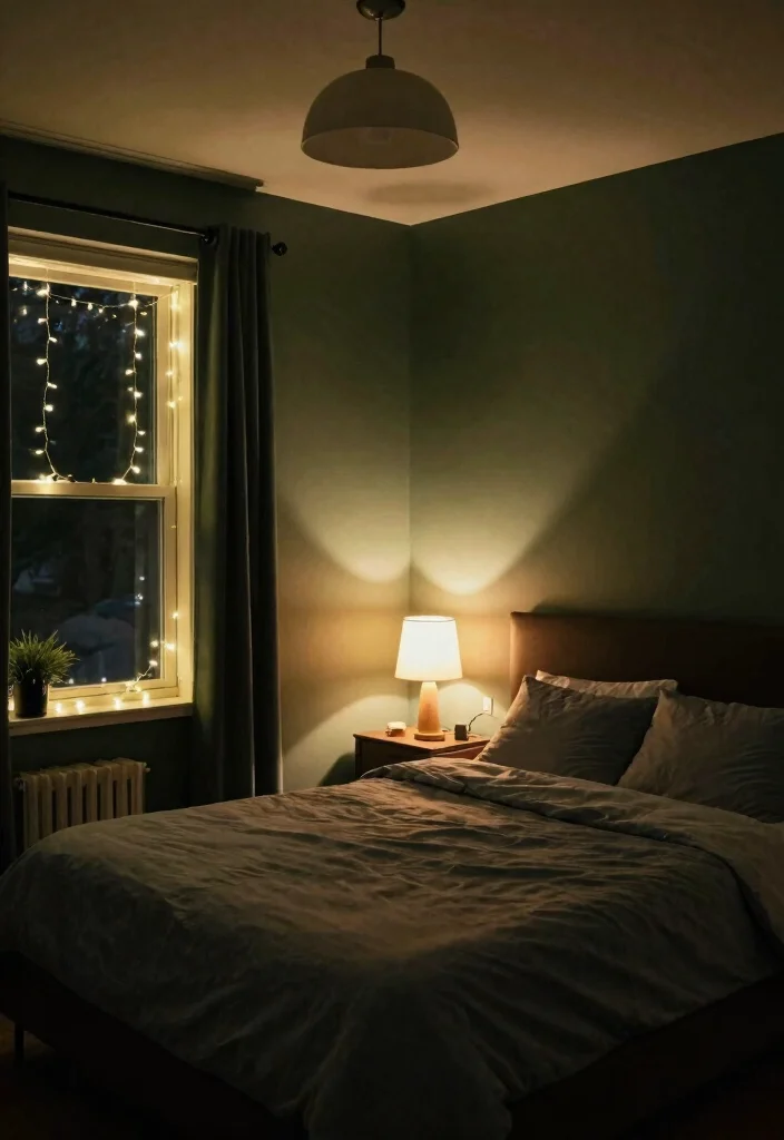 16 Dark Green and Grey Bedroom Ideas: Moody Modern Balance - 6. Ambient Lighting 1