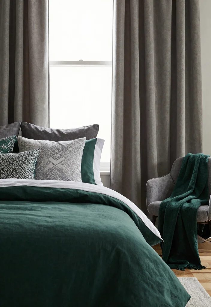 16 Dark Green and Grey Bedroom Ideas: Moody Modern Balance - 9. Dark Green Accents in Textiles 1