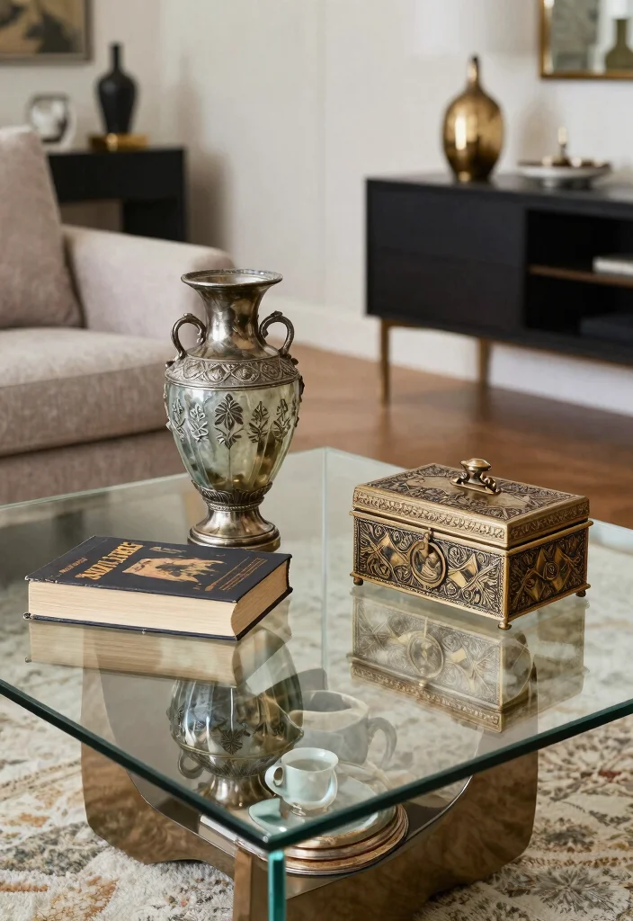 16 Glass Coffee Table Decor Living Room Ideas Light Elegant Style - 11. Vintage Finds 1