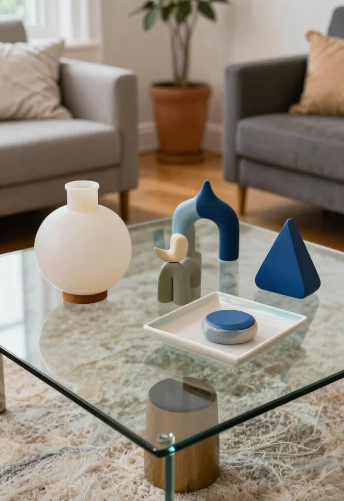 16 Glass Coffee Table Decor Living Room Ideas Light Elegant Style - 13. Playful Shapes 1