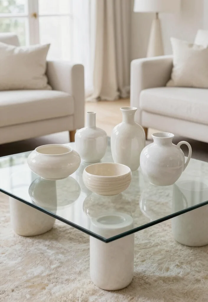 16 Glass Coffee Table Decor Living Room Ideas Light Elegant Style - 16. Monochromatic Magic 1