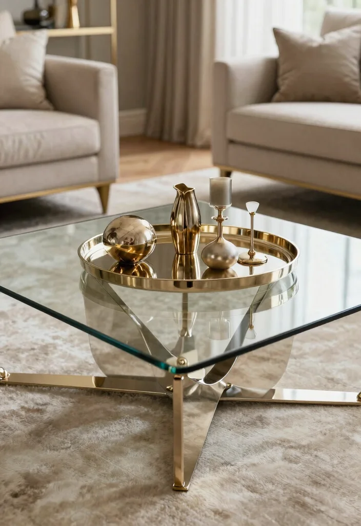 16 Glass Coffee Table Decor Living Room Ideas Light Elegant Style - 9. Glamorous Metallic Accents 1