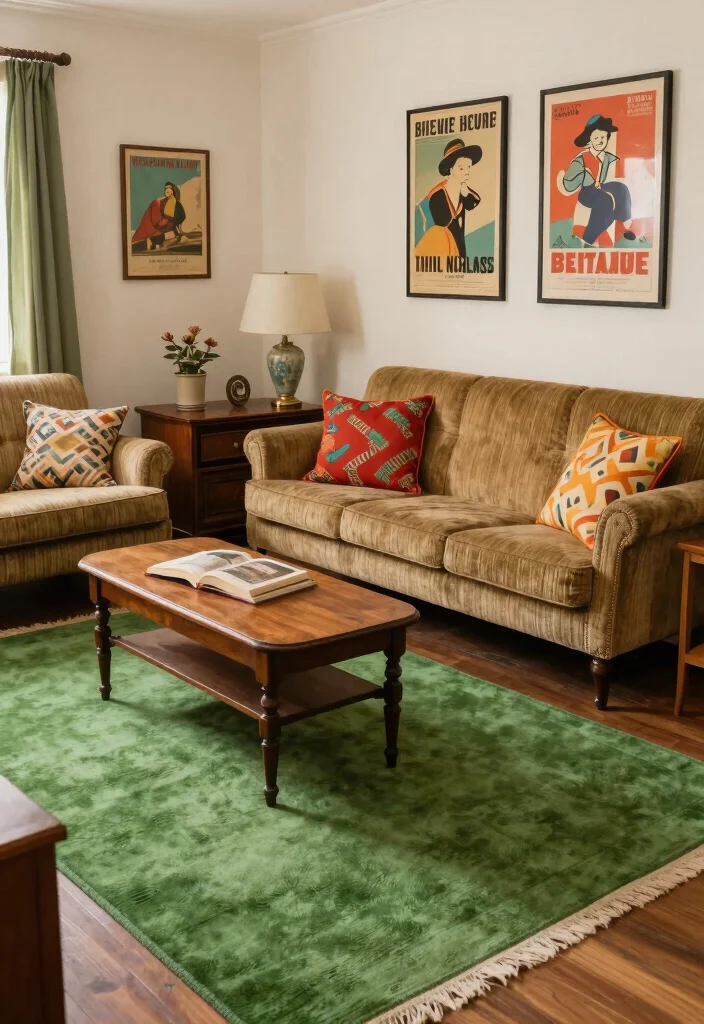16 Green Rug Living Room Ideas: Fresh Natural Accent - 12. Vintage Charm 1